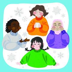 Happy girls in winter wearing sweaters. Inclusive children representation. Hand drawn style vector illustration.