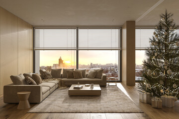 Christmas tree with toys and gifts decorate modern interior design. 3d render illustration living room with windows and winter snow view, sunset.