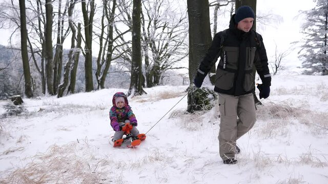 Father pulls a sleigh with little child daughter in a winter forest nature