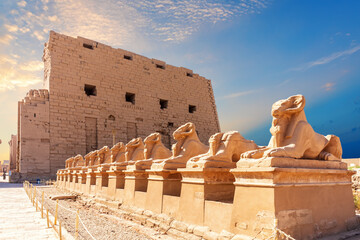 Avenue of ram-headed Sphinxes and the wall of Karnak Temple, Luxor, Egypt