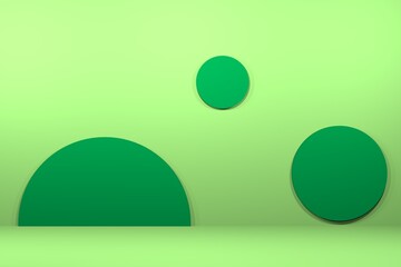 Green abstract background with round objects. Round green. Light green light greenish shades of green 3D renderer.