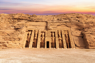 Abu Simbel Nefertari Temple, main view at sunset, Egypt - obrazy, fototapety, plakaty
