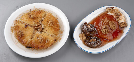 Homemade Turkish Dessert Fincan Kadayif Baklava / Baklawa with Pistachio Powder.