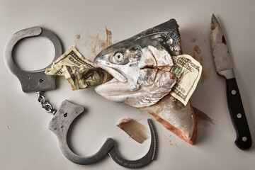 Still life of fish head, money, knife and handcuffs