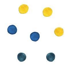 Sticker Pack of Blue and Yellow Watercolor Dots Isolated on White Background.