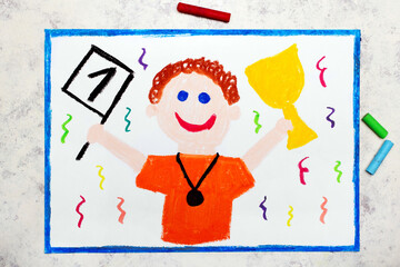 Colorful drawing:  Smiling boy holdilng a winner's cup. First place winner.