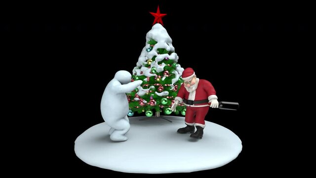 Drunken Santa Claus with bottle near the christmas tree and dancing snowman - 3d render looped with alpha channel.