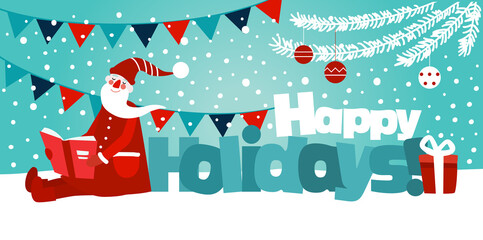 Cute winter holiday illustration with funny Santa Claus reads a book. Christmas and Happy Holidays vector card 