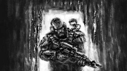 Angry soldier with assault rifle enters in dark bunker. Battle with scary aliens. Black and white illustration in horror and fiction genre. Gloomy character concept art. Coal and noise effects.