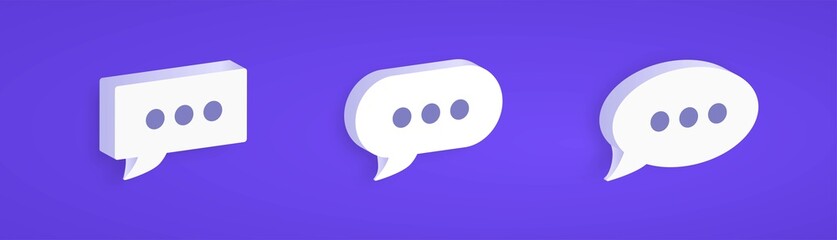Fototapeta premium 3D Chat icon set. Set of 3D speech bubble icons isolated on purple background. 3d white speech bubble collection set.