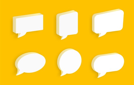 Set of 3D speech bubble icons isolated on yellow background. 3D Chat icon set. 3d white speech bubble collection set.