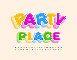 Vector colorful sign Party Place with cute 3D Font. Childish style Alphabet Letters and Numbers set