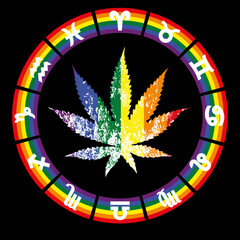 t-shirt design of a cannabis leaf and signs of the zodiac with the colors of the rainbow isolated on black