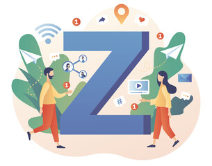 Generation Z. Progressive young teens using technology and gadget to communicate. Internet culture. New and modern demography trend. Lifestyle. Modern flat cartoon style. Vector illustration