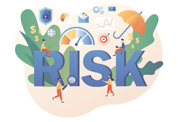Risk management. Tiny people review, evaluate, analysis risk. Risk assessment. Risk big text and levels knob. Business and investment concept. Modern flat cartoon style. Vector illustration 
