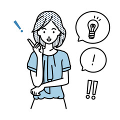 立って素晴らしいアイデアをひらめいたオフィスカジュアルの女性 フキダシに電球と感嘆符のセット