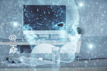 Multi exposure of brain drawing and office interior background. Concept of data technology.