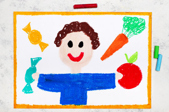 Colorful drawing: Boy and sweets and vegetables around him. The problem of childhood obesity