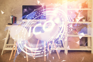 Fototapeta premium Double exposure of crypto technology theme drawing and office interior background. Concept of blockchain.