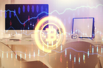 Double exposure of crypto technology theme drawing and office interior background. Concept of...