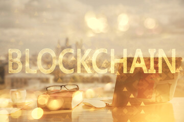 Double exposure of blockchain theme drawings and desk with open notebook background. Concept of...