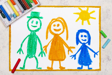 Colorful hand drawing: Happy family. Mother, father and daughter.