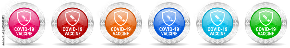 Poster covid-19 vaccine icon set in 6 color options. christmas design glossy web buttons. winter concept il