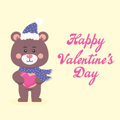 Cute teddy bear in a scarf and hat holding a heart. Happy Valentine's day. Greeting card.