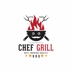 chef grill logo design, chef face in grill and fire fork spatula logo, barbeque, restaurant logo, smoke and grills vector template