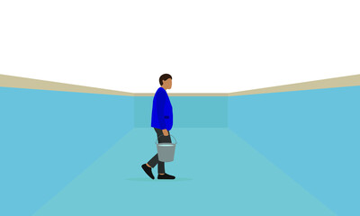 A male character in business clothes and a bucket of water in his hand is standing in an empty pool