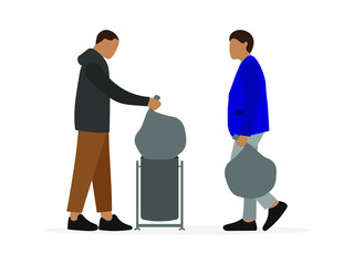 Two male characters throwing big trash bags into a small trash can on a white background