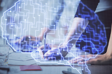 Multi exposure of woman hands working on computer and brain hologram drawing. Ai concept.