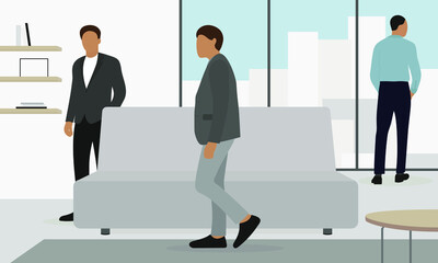 Three male characters in business attire stand in a room with furniture and a panoramic window