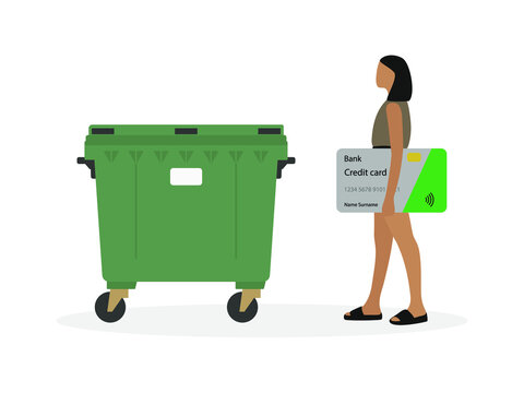 Young female character with big credit card in hand goes to trash container isolated on white background