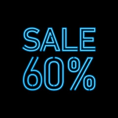60 percent SALE glowing neon lamp sign. Vector illustration.