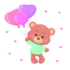 Cute teddy bear in a green jumper with heart-shaped balloons