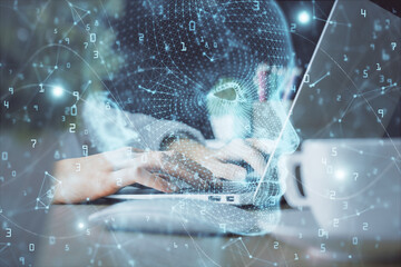 Double exposure of woman hands working on computer and brain hologram drawing. Ai concept.
