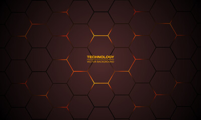 Dark red hexagonal technology vector abstract background. Orange bright energy flashes under hexagon in modern technology futuristic background vector illustration. Dark red honeycomb texture grid.