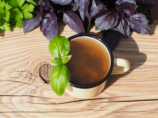 Herbal tea with basil in a mug on a wooden table in the garden on a background of purple and green leaves. Spicy herb ocimum basilicum for use in food, herbal medicine and preparation of health drinks