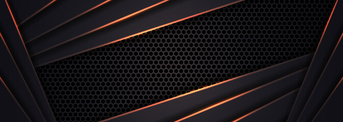 Dark grey abstract wide horizontal banner with hexagon carbon fiber grid and orange luminous lines. Technology vector background with orange neon lines. Futuristic luxury modern vector backdrop.