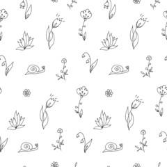 Seamless vector pattern - simple outline flowers, snail, herbs. Black lines. Wallpaper design.