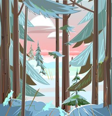 Winter forest landscape. The trunks of coniferous trees in the snow. Beautiful evening or morning sky. Thickets. Illustration in cartoon style flat design. Vector