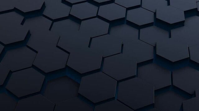 Abstract technology black grid waving randomly with polygons that illuminate blue. Dark colored minimal background.