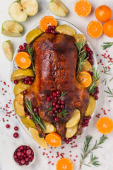 Baked christmas duck or goose stuffed with apples and cranberries with tangerine, rosemary, berry and spices on a white dish on a marble background. Top view, copy space
