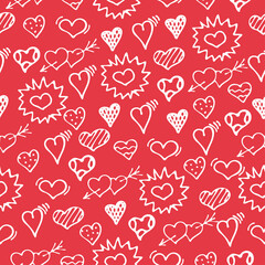 Hand drawn doodle white outline hearts seamless pattern on red background. Vector illustration