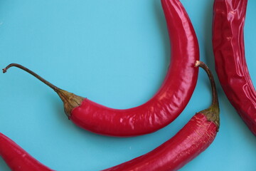 Red hot chili peppers on a blue background. Cayenne pepper, long red pepper, spur pepper - obrazy, fototapety, plakaty
