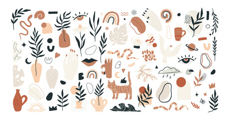boho chic tropical hand drawn abstract illustrations and clipart elements for graphic design. plants snakes, shapes and nature doodles in simple terracotta style. trendy contemporary art graphics