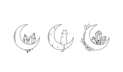 Floral moon with cat, crystals and stars collection. Mystical boho vector illustration isolated on white. Celestial esoteric crescent moons set. Magic clipart bundle for tattoo, poster, logo, print. © Sergey Pekar