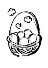 籠に入った温泉卵の手描き筆描きイラスト　モノクロ