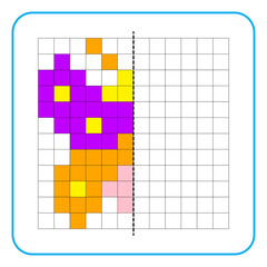 Picture reflection educational game for kids. Learn to complete symmetry worksheets for preschool activities. Coloring grid pages, visual perception and pixel art. Complete the colorful moth image.